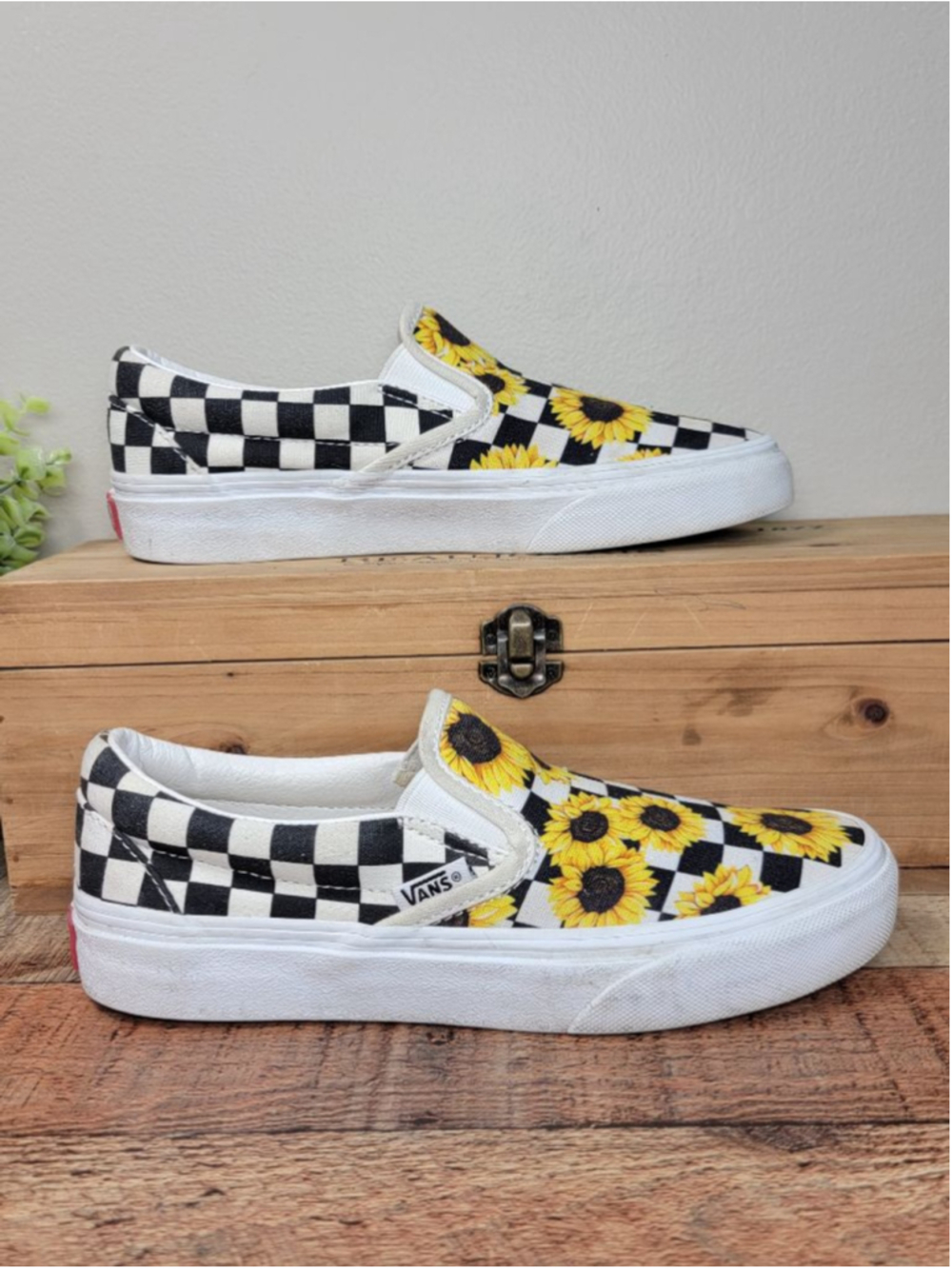 Vans 5 Custom Slip On Sunflower Black White Checkerboard Low Top Canvas Floral